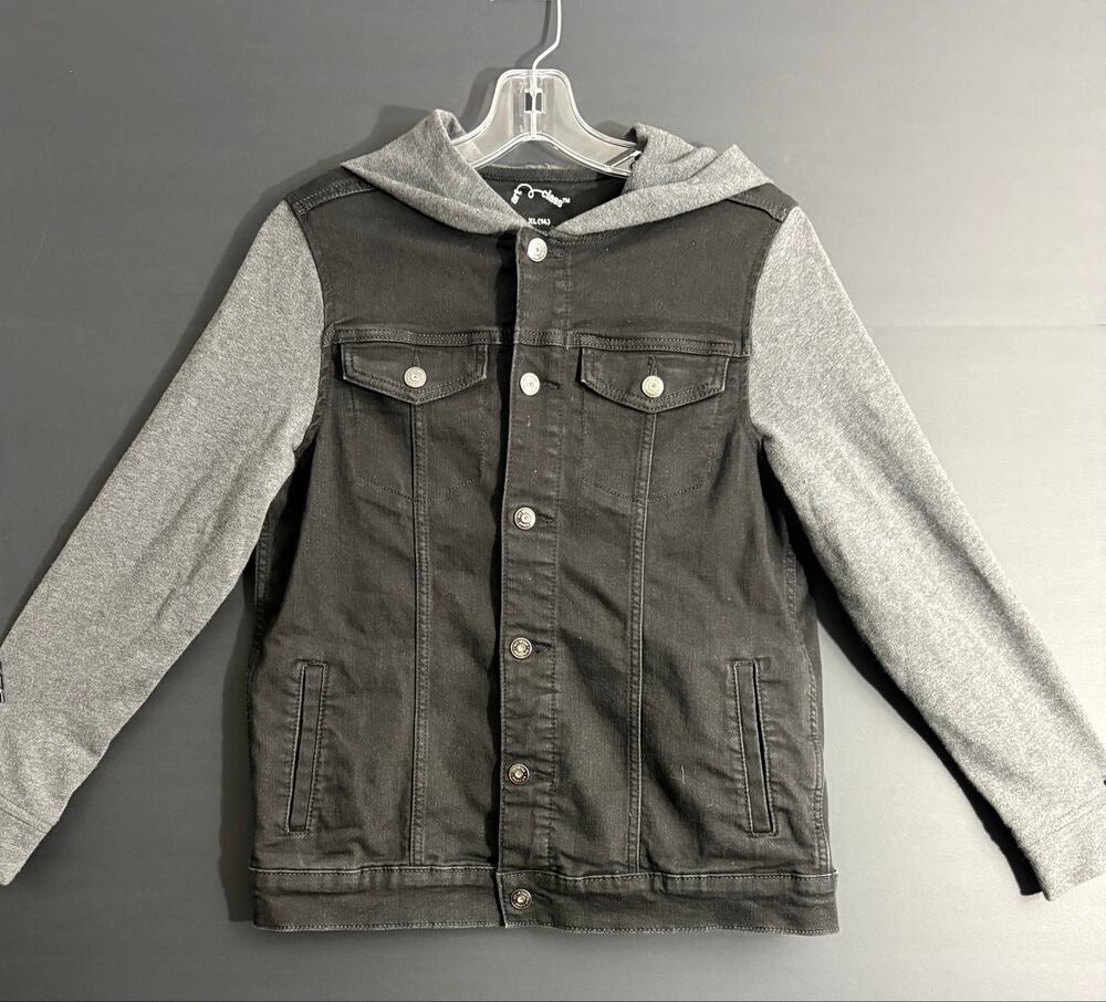 Art Class Boys XL 14 Hooded Denim Jacket Black Gray Trucker Jean Jacket